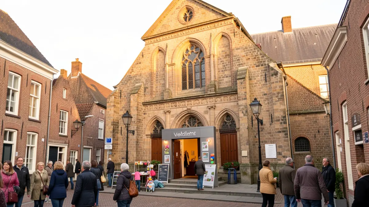 Generic image of the facade of a historic church in a Flemish village, with a modern, welcoming entrance and signs of community activity.