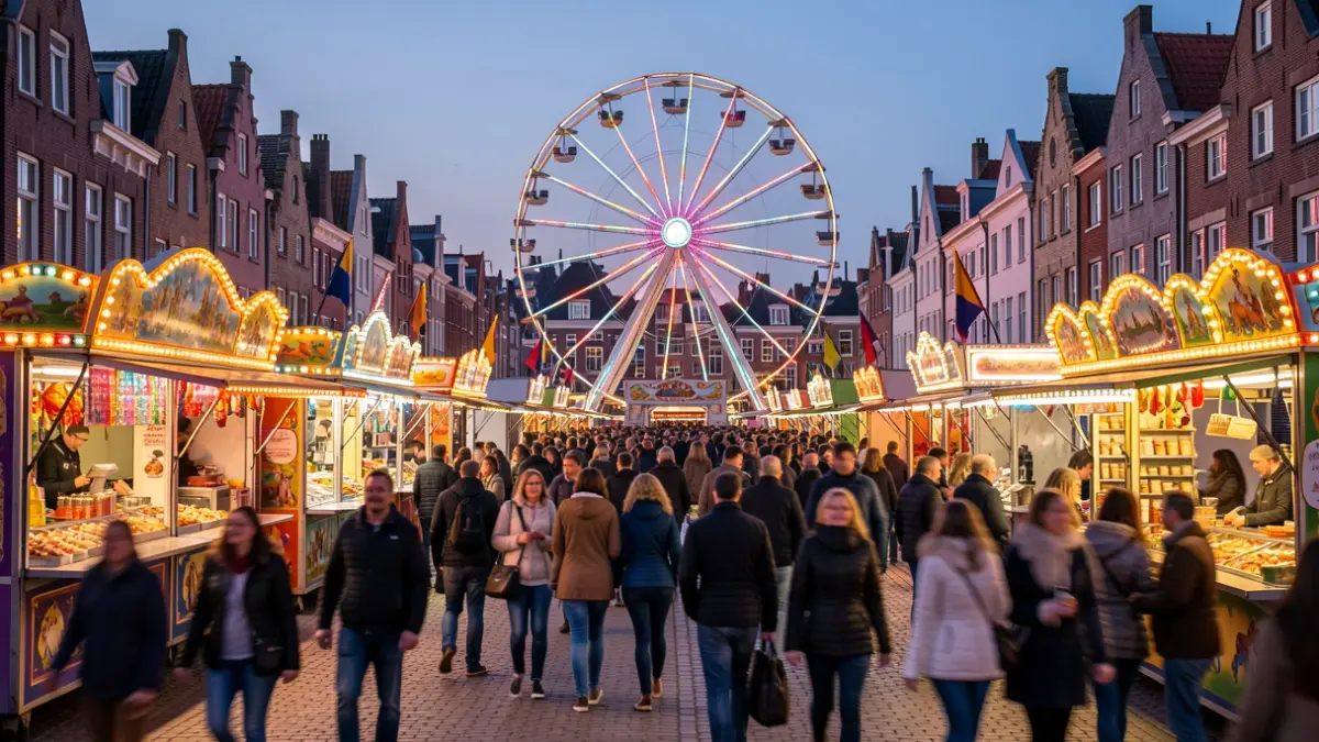 Festive fairground in a Flemish town at dusk, with illuminated rides and atmospheric lighting.