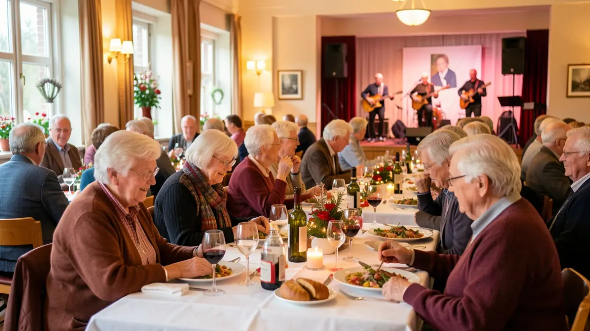 Een warme en uitnodigende scène in een gemeenschapscentrum in Vlaanderen, met tafels gedekt voor een feestelijke maaltijd. Zacht, sfeervol licht verlicht de ruimte, wat zorgt voor een gezellige sfeer. Op de achtergrond is een lokale band zichtbaar op een klein podium, wat live muziek suggereert. De algehele sfeer is vrolijk en gemeenschappelijk, hintend naar een vakantieviering voor senioren.
