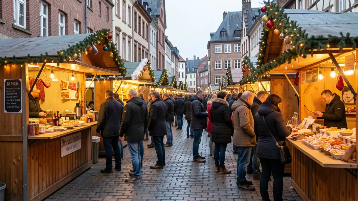 Gezellige kerstmarkt in een Belgisch dorpsplein met kraampjes die drankjes en versnaperingen aanbieden. Warme verlichting creëert een feestelijke sfeer.