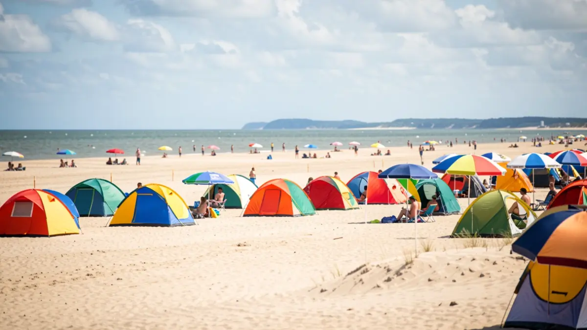A lively beach scene in Duinbergen, Knokke-Heist, with colorful beach tents and umbrellas on the sand. In the background, the North Sea is visible under a bright, partly cloudy sky.