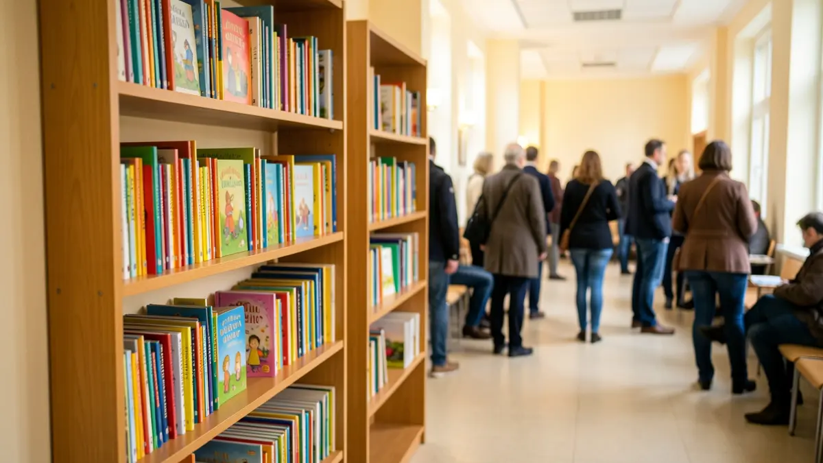 Kinderboeken in houten bakjes in de wachtruimte van een gemeentehuis.