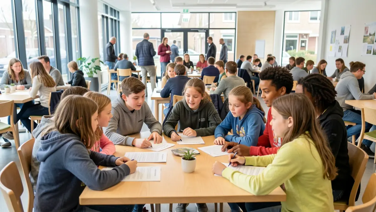 Generic image of a group of children and young people sitting around a table in a meeting room, with documents and notepads. The atmosphere is focused and positive.