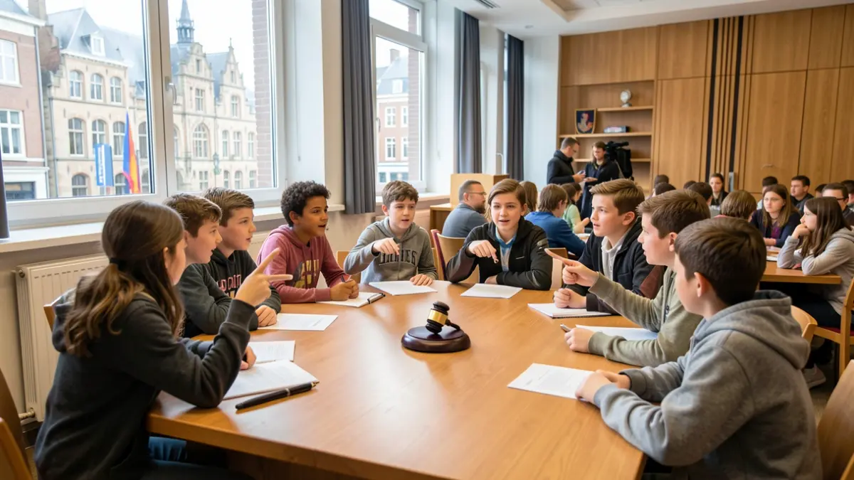 Kindergemeenteraad in gesprek in de raadzaal van het gemeentehuis van Bekkevoort.