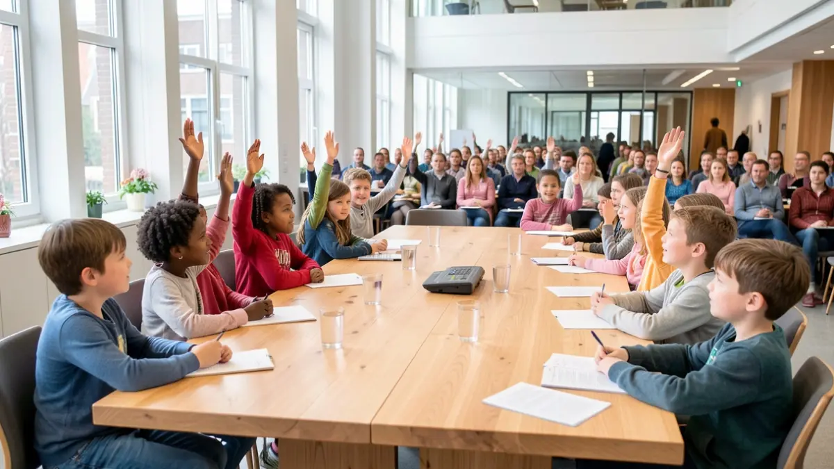 Generic image of a group of diverse children sitting around a large wooden table in a bright, modern meeting room, attentively listening and raising hands, symbolic of participation and decision-making. Vlaanderen architectural style elements in the background.