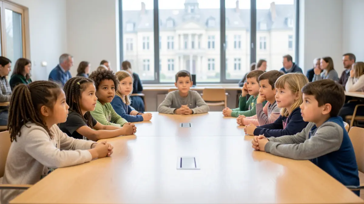 Generic image of children sitting around a table in a town hall, focusing on their engagement.