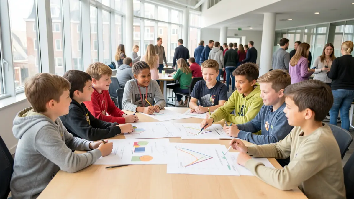 Generieke afbeelding van een groep kinderen die rond een tafel zitten en ideeën uitwisselen in een vergaderruimte.