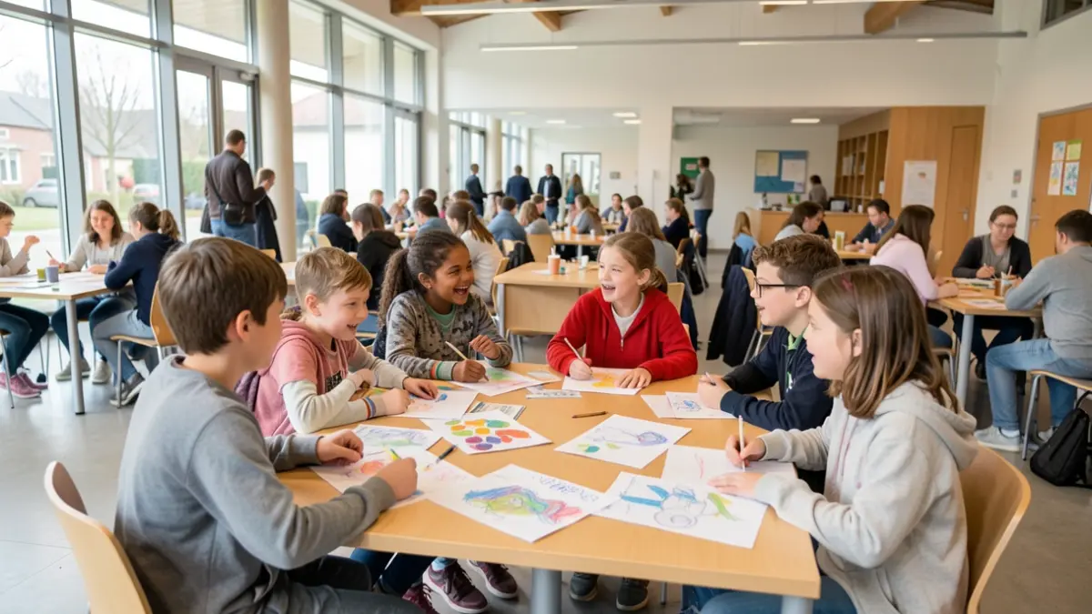 Generic image of a group of children and teenagers sitting around a table, actively engaged in discussion in a local community center.