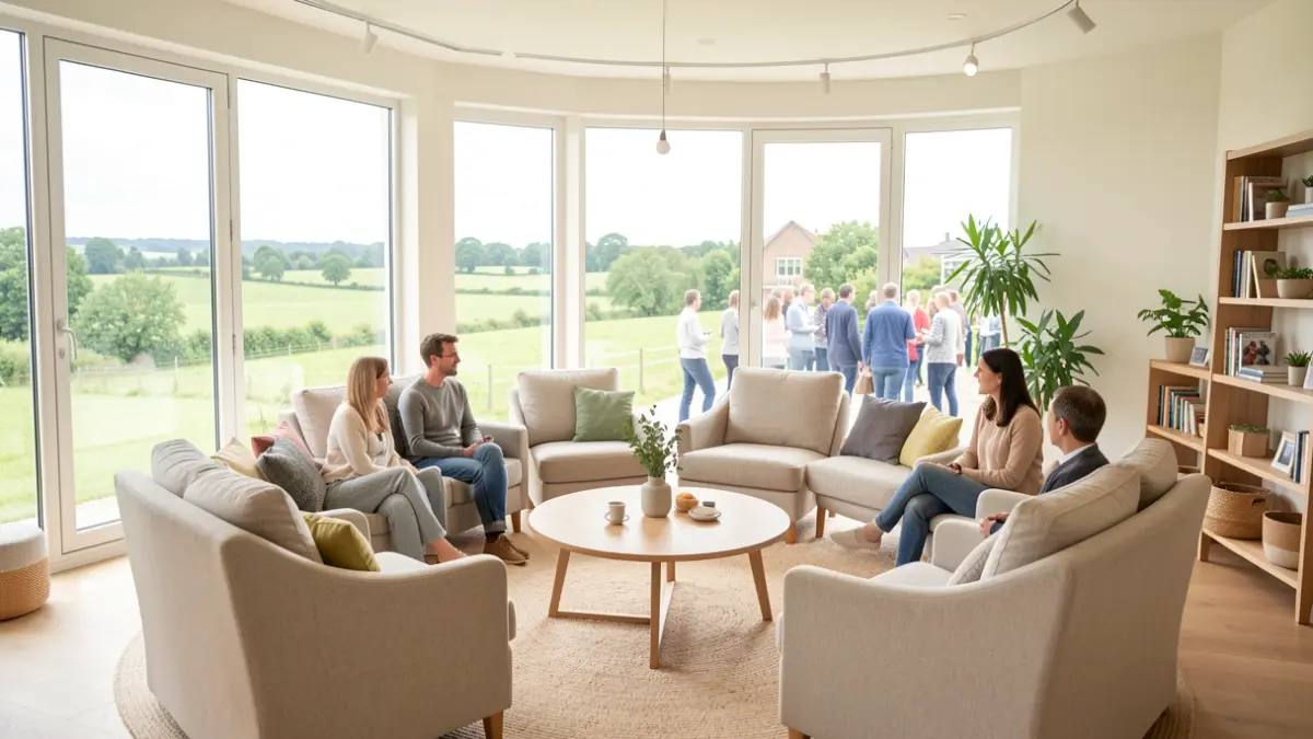 Interieur van een lichte, moderne therapieruimte in België met comfortabele stoelen in een cirkel en uitzicht op groen.