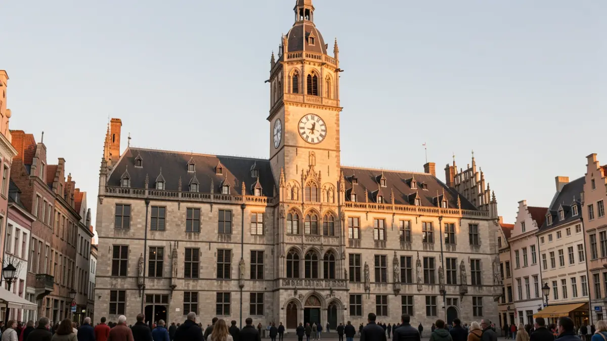 Generieke afbeelding van de gevel van een historisch Vlaams stadhuis met een klokkentoren, badend in het warme licht van de late namiddag. De klok op de toren staat stil op 16 uur. Geen mensen of tekst zichtbaar.