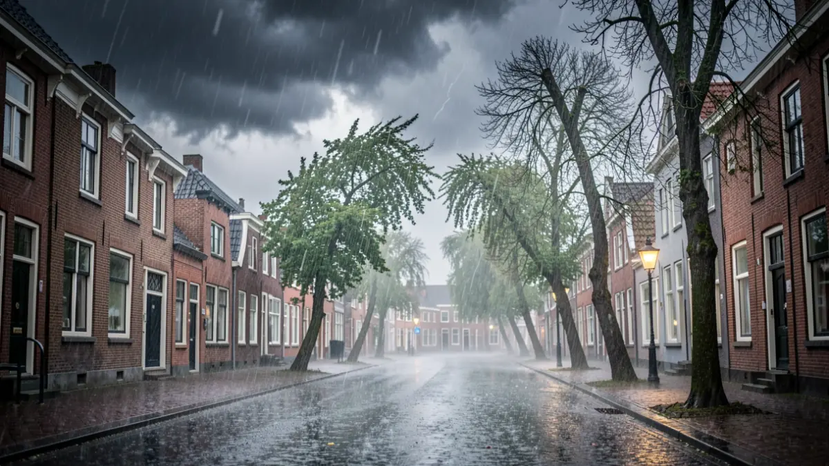 Generieke afbeelding van stormweer met hevige wind en regen die een Vlaamse gemeente treffen.