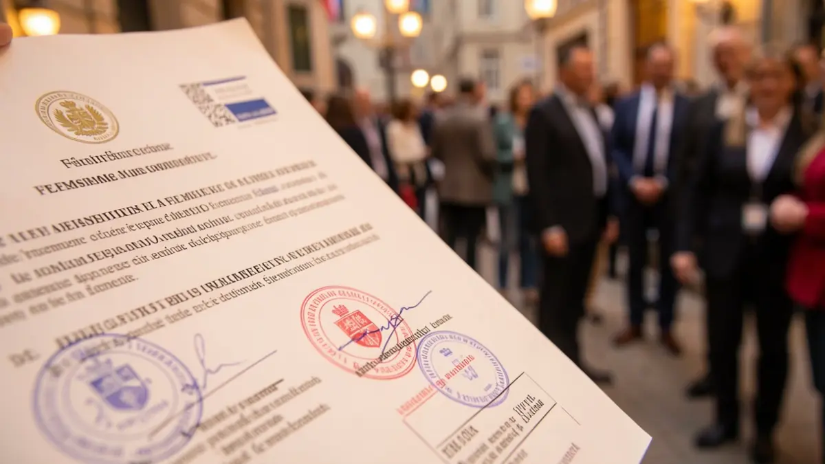 Close-up of an official document from the Flemish government with seals and stamps, with partially visible text about business subsidies. Professional lighting.