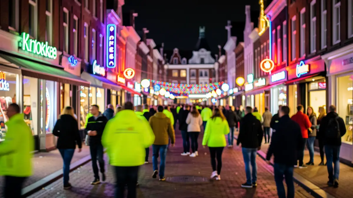 Generieke afbeelding van een levendig, verlicht door kleurrijke neonlichten en gloeiende elementen. Silhouetten van mensen in fluorescerende kleding suggereren beweging en festiviteit. De sfeer is energiek en speels, met de nadruk op licht en kleur.