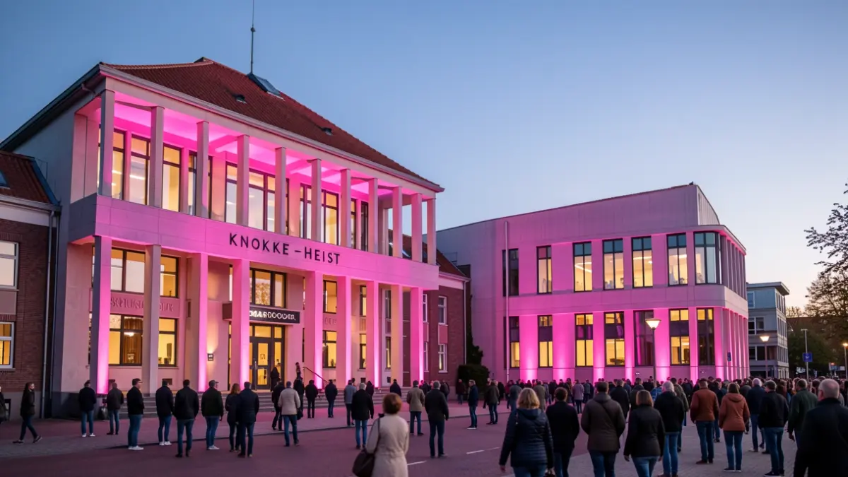 The town hall and Scharpoord cultural center in Knokke-Heist illuminated in pink for international breast cancer month.
