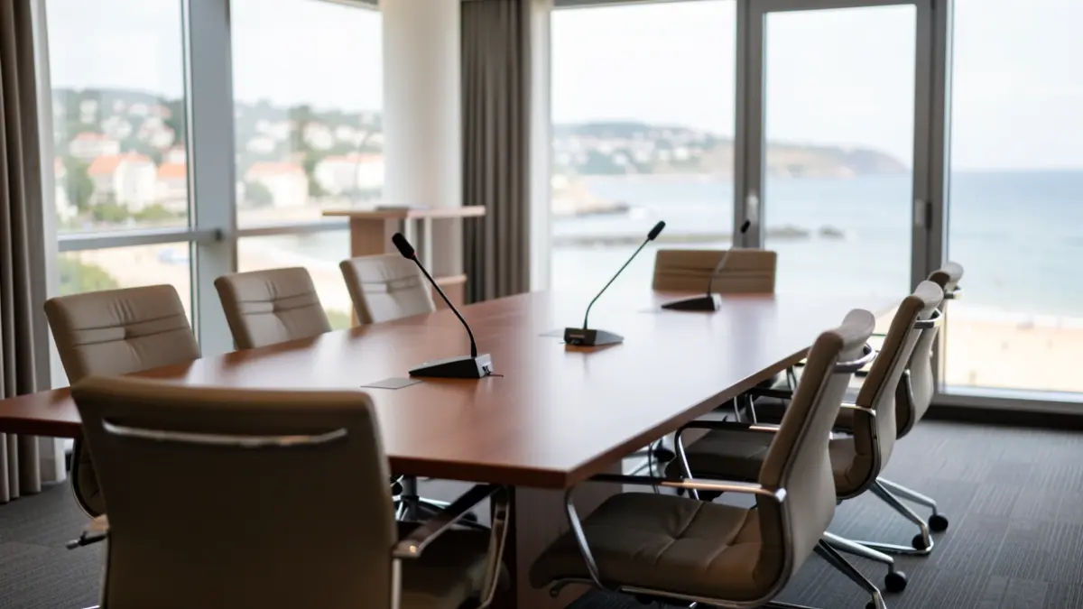 Generieke afbeelding van een vergaderzaal met een grote tafel en stoelen, met op de achtergrond een wazig zicht op een kuststad.