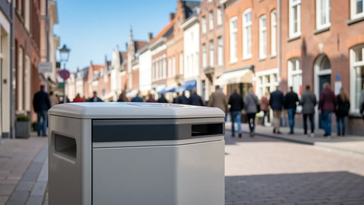 Generieke afbeelding van een moderne afvalbak in een Vlaamse gemeente, met op de achtergrond typische architectuur.