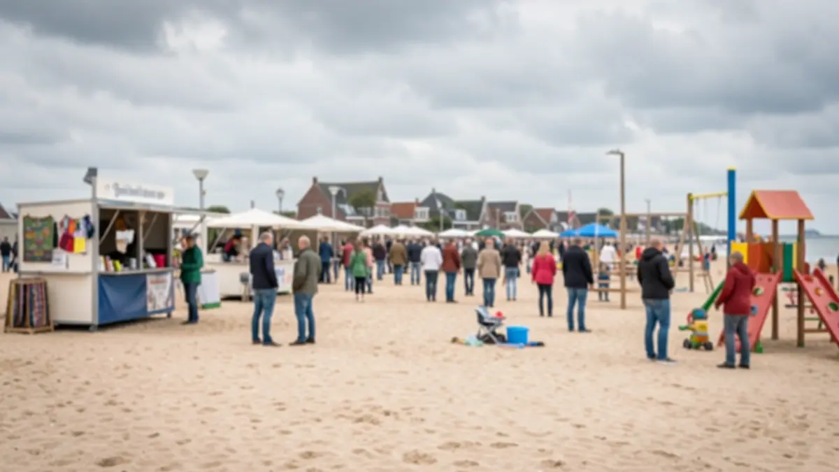 Generieke afbeelding van een strandconcessiegebied in Vlaanderen, met vervaagde elementen van strandbars en kinderparken, onder een bewolkte hemel. Focus op de algemene sfeer van een kuststad, niet op specifieke details.