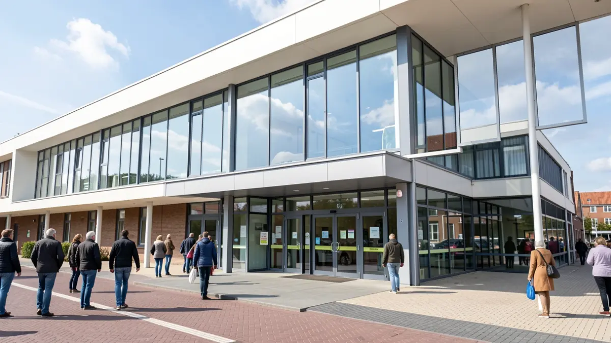 Generic image of a modern municipal building in Knokke-Heist, Belgium, with clean lines and large windows.