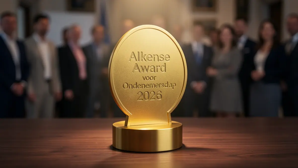 Generic image of a golden entrepreneurship award on a wooden surface, with soft lighting.