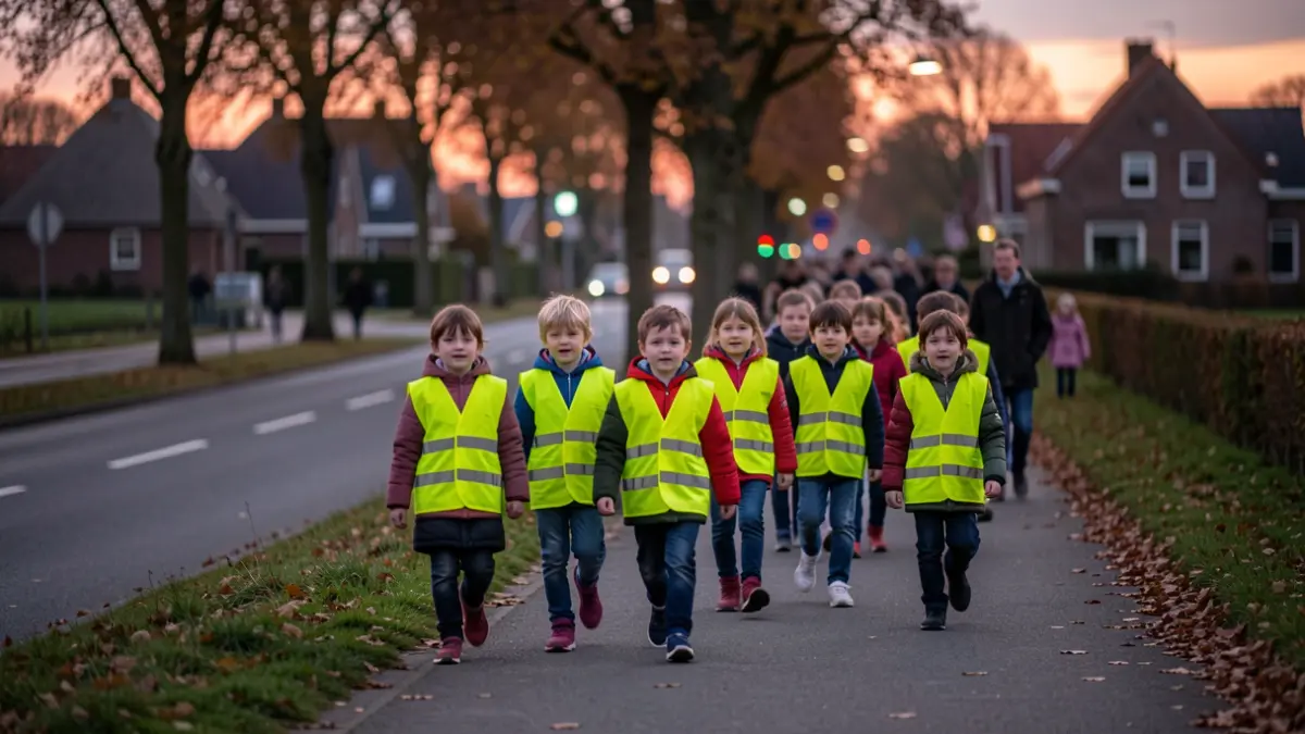 Children wearing high-visibility vests on a path at dusk in Flanders.