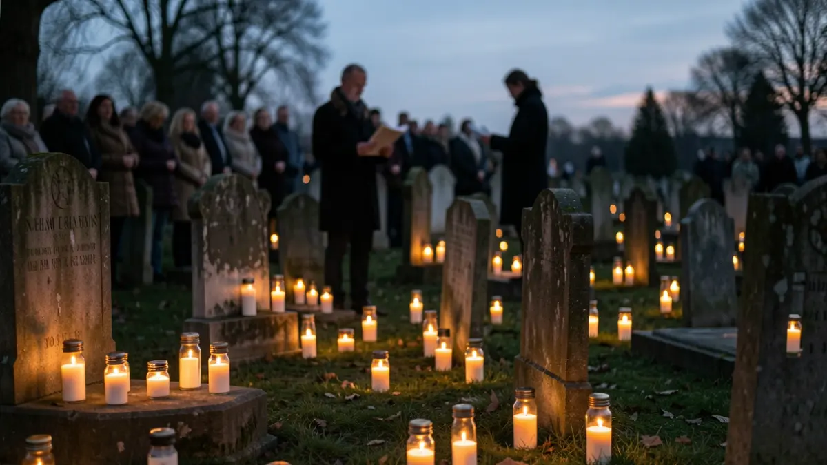 Een plechtige herdenkingsceremonie bij schemering op een historische begraafplaats in Vlaanderen, met talrijke brandende kaarsen die een warme gloed werpen op oude grafstenen en een vervaagde figuur die poëzie leest op de achtergrond.