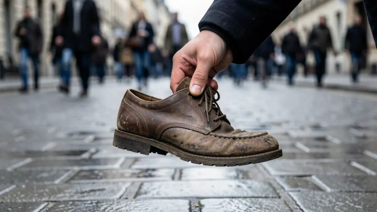 Generieke afbeelding van een hand die een versleten schoen vasthoudt op een natte straat.