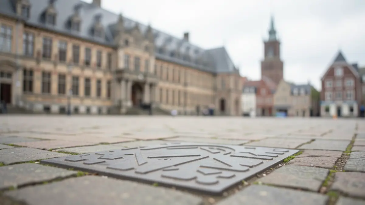 Generic image of a tactile tile on a stone square in Flanders, with the blurred facade of a historic town hall and a church tower in the background.