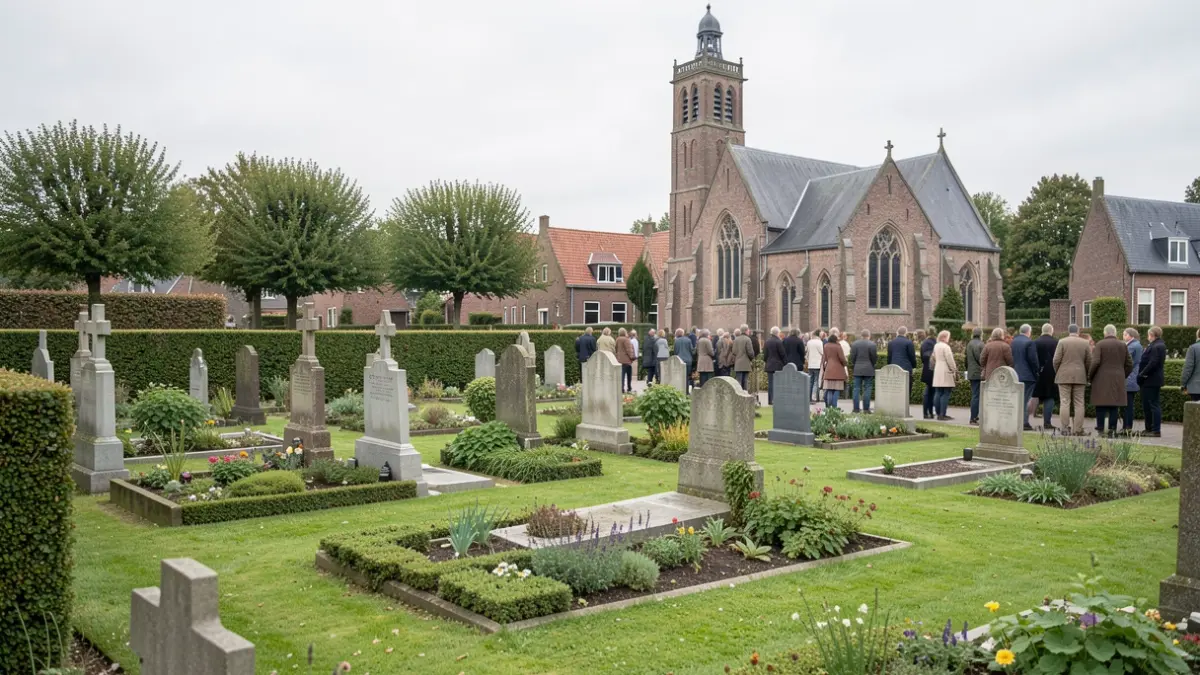 Generic image of a serene cemetery in Flanders with historical graves and green spaces, atmospheric lighting.