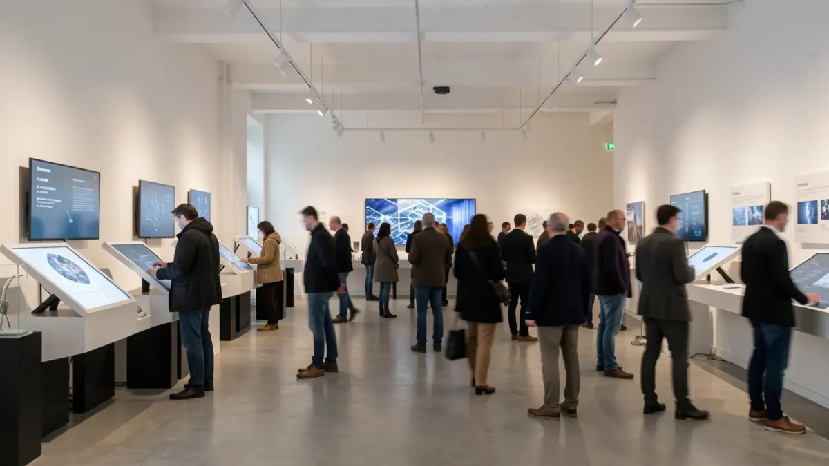 Generic image of a temporarily set up exhibition space in an empty retail unit, with interactive displays and soft lighting. Blurred figures of visitors in the background.