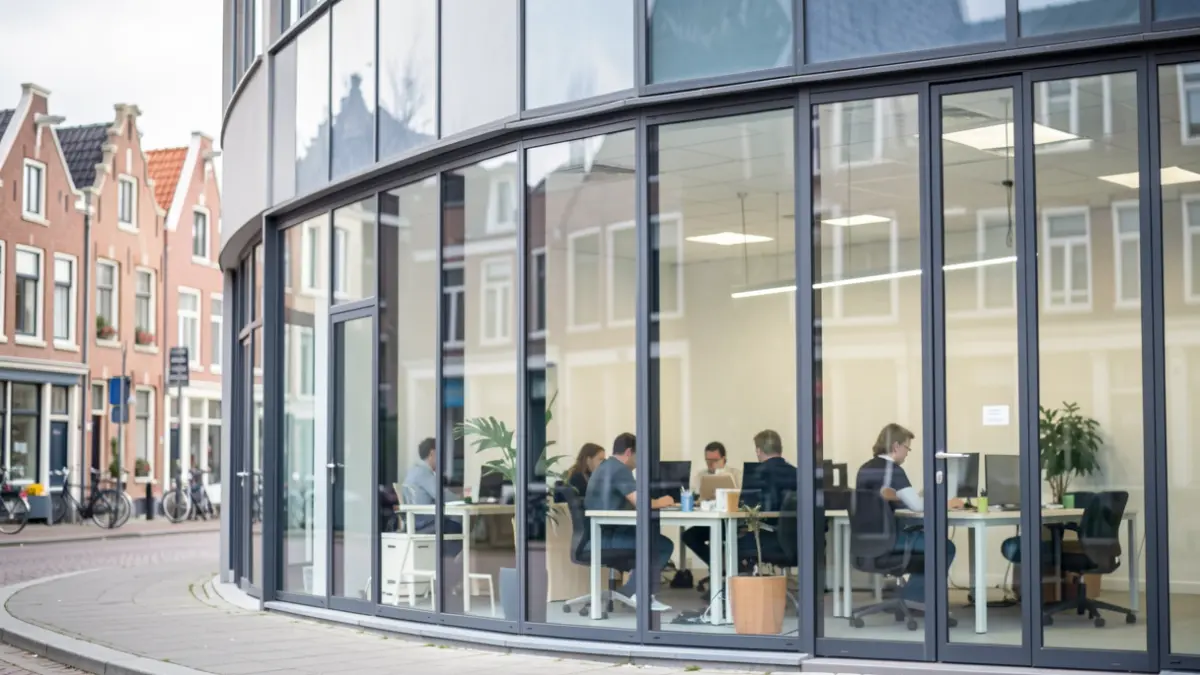 Generic image of a modern co-working space with large glass windows and blurred figures inside. Hints of Flemish architecture in the background. Soft daylight.