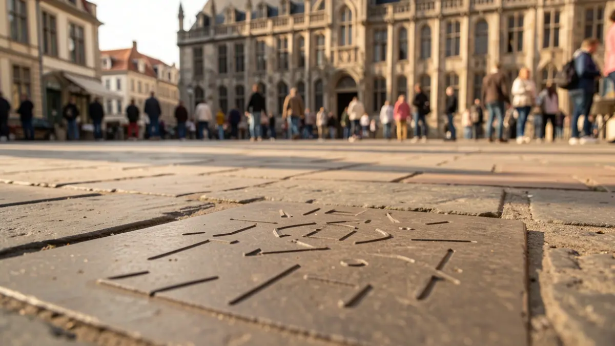 Generieke afbeelding van een tastbare tegel op een stenen plein met op de achtergrond de gevel van een historisch stadhuis in Vlaanderen.