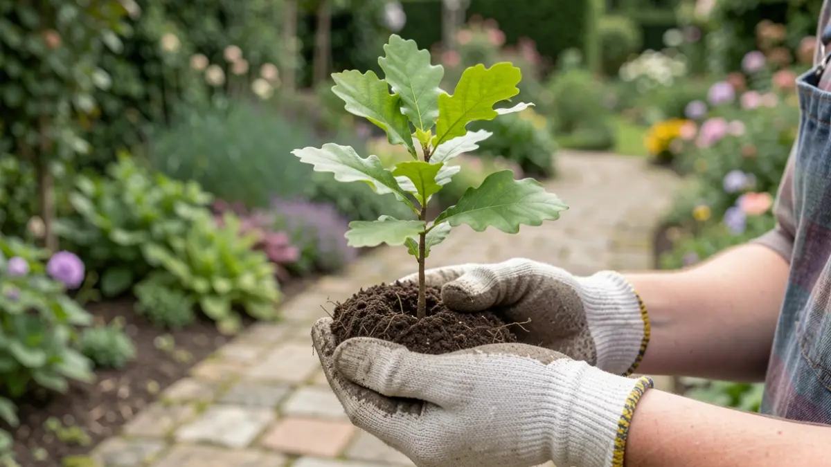 A young climate tree with green leaves, held in hands wearing gardening gloves, in a Flemish garden.