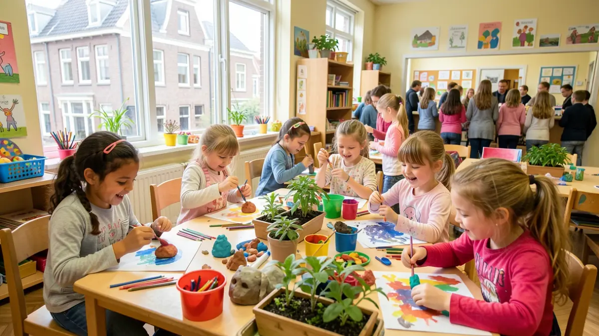 Children enjoying various creative workshops like clay modeling, gardening, and painting in a local community center.