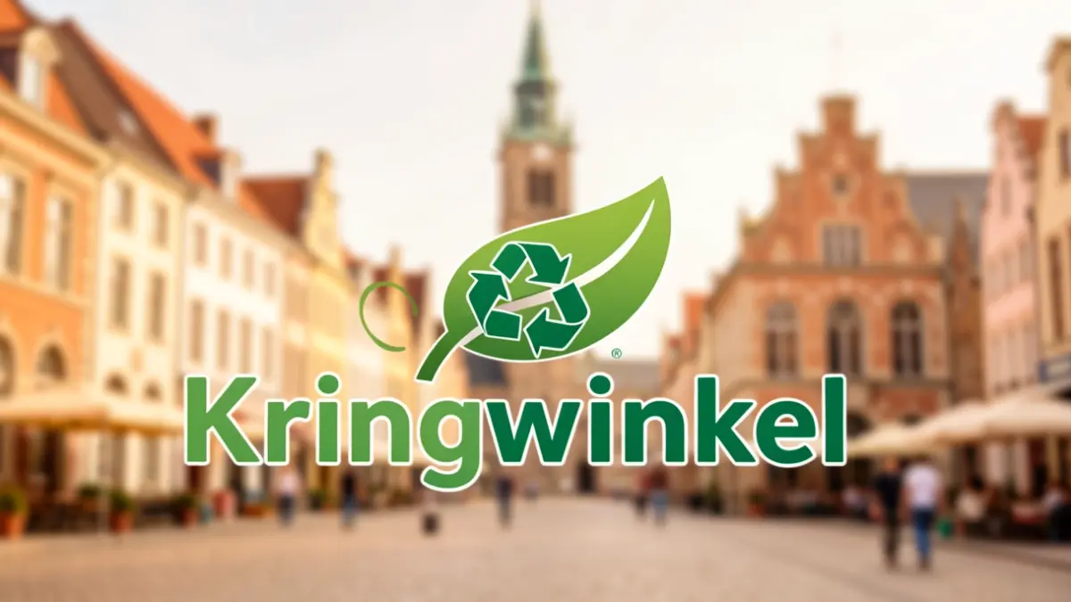 Feestelijke afbeelding van het Kringwinkel logo met een groene blaadje en een recyclagesymbool, tegen een wazige achtergrond van een Vlaams marktplein met belfort.