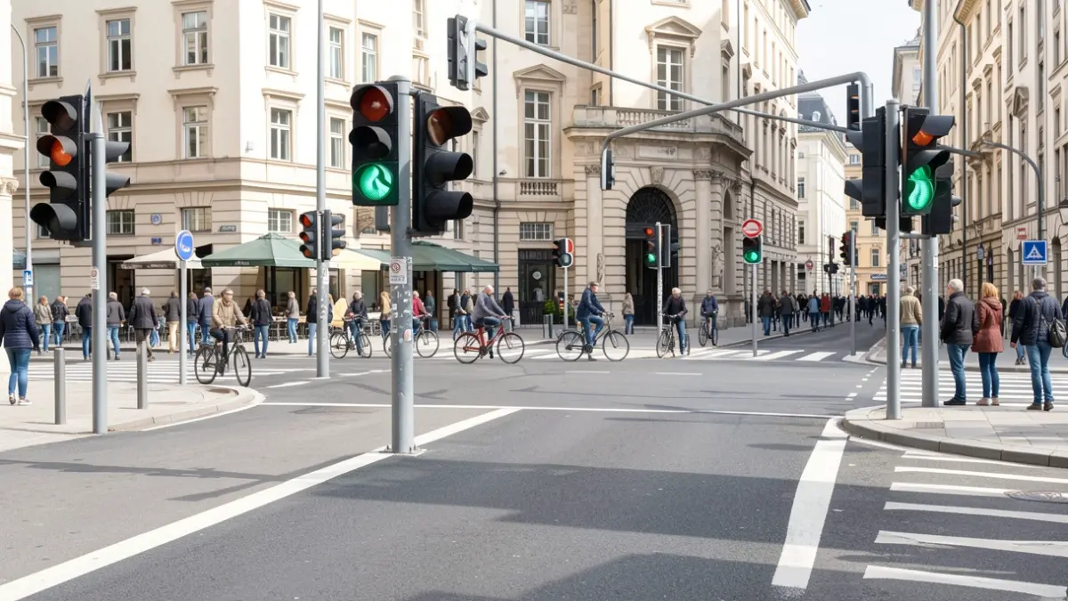 Generic image of an intersection with new traffic lights and bicycle paths.