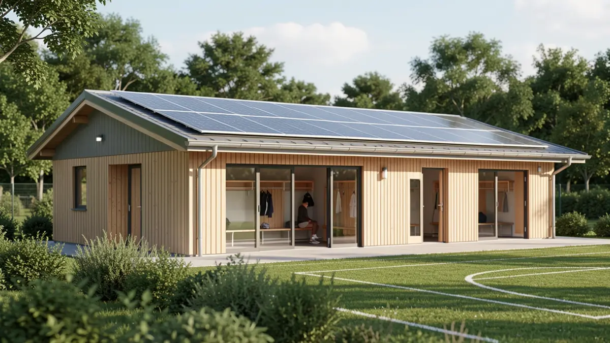 Generieke afbeelding van een moderne sportfaciliteit met zonnepanelen op het dak en groene omgeving.