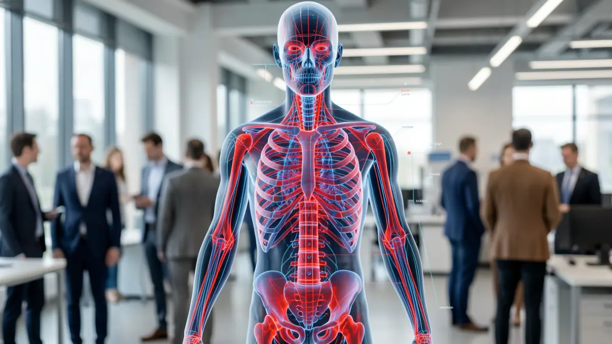 Abstract representation of a digital twin showing biomechanical forces, in a laboratory setting.