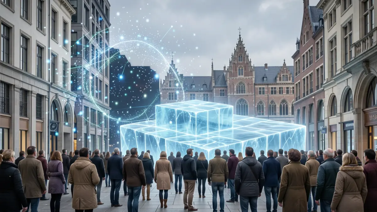 Abstracte weergave van wetenschappelijke prestatie en onderwijs in Vlaanderen, met elementen van het IceCube Neutrino Observatory.