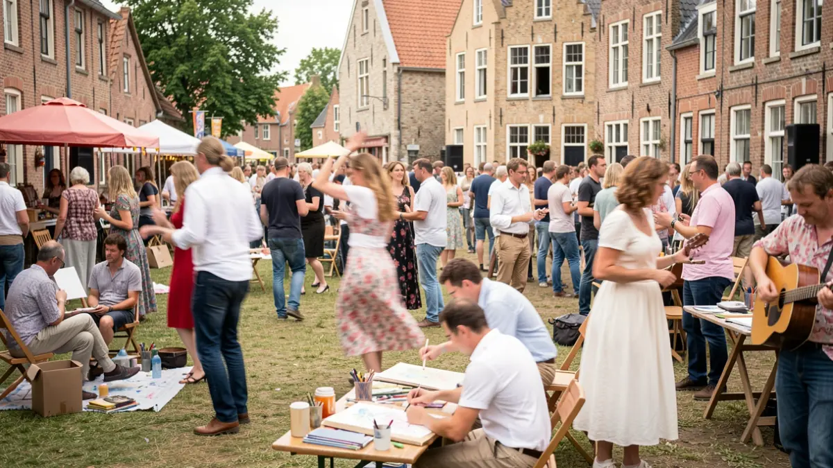 A vibrant outdoor festival scene in Flanders, with blurred figures of people dancing and engaging in artistic activities like drawing and playing music. The atmosphere is relaxed and celebratory, with hints of local architecture in the background. Soft, natural daylight.