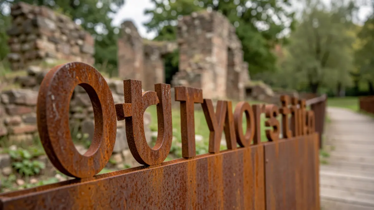 Generic image of corten steel letters with weathered texture, against a blurred background of a park ruin and a wooden walkway.