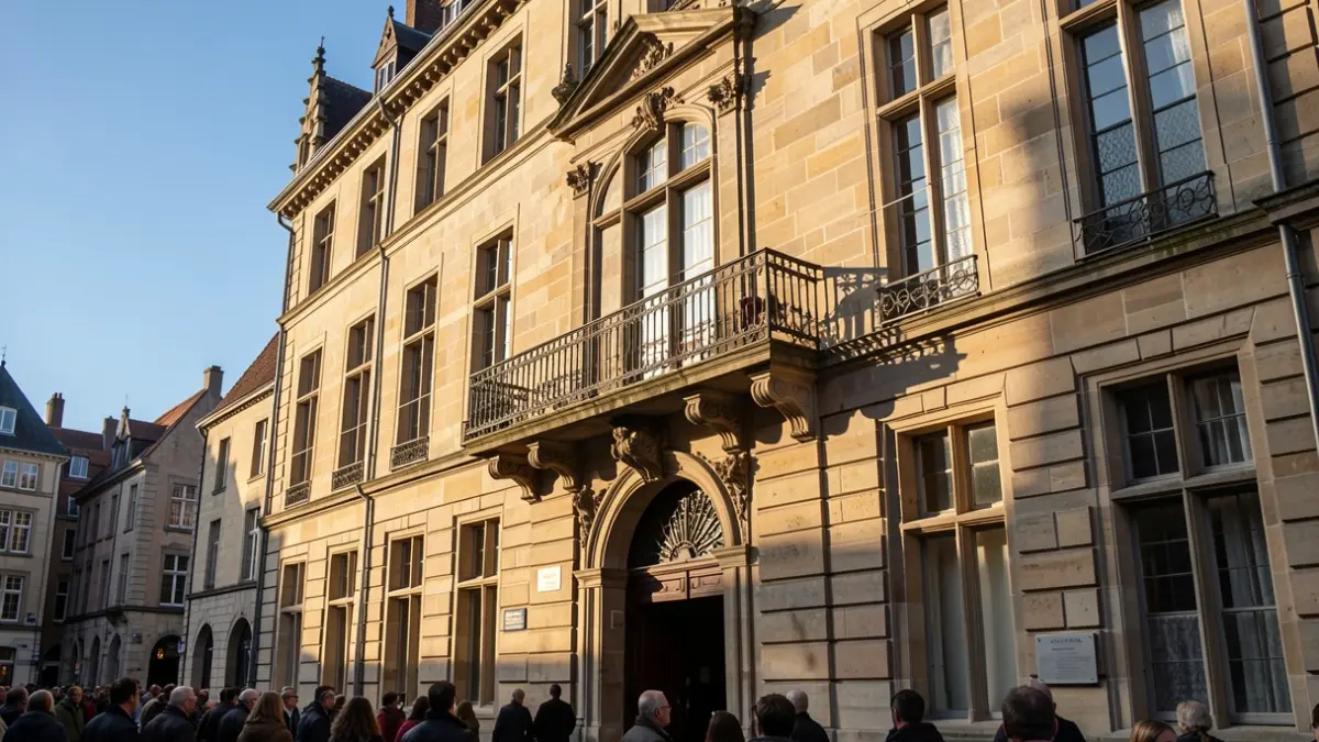 Generic image of a Flemish town hall facade with an ornate balcony and iron railings, in warm afternoon light.