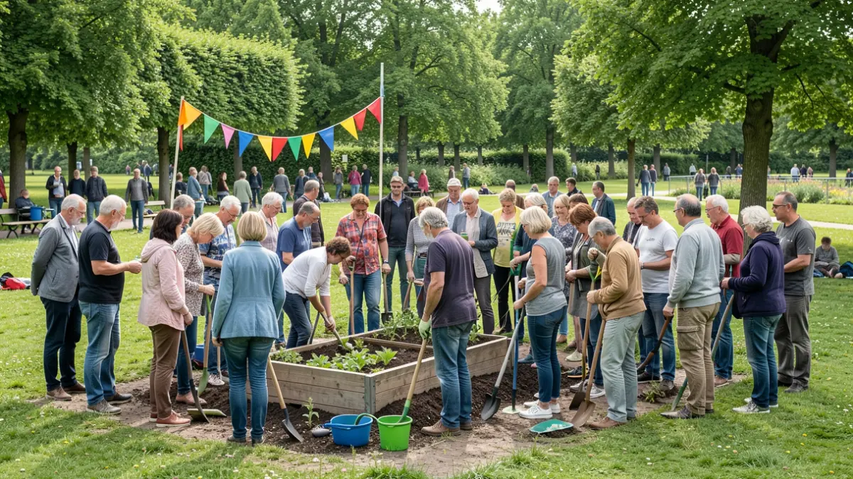 A diverse group of residents collaborating on a community project in a green park in Flanders.