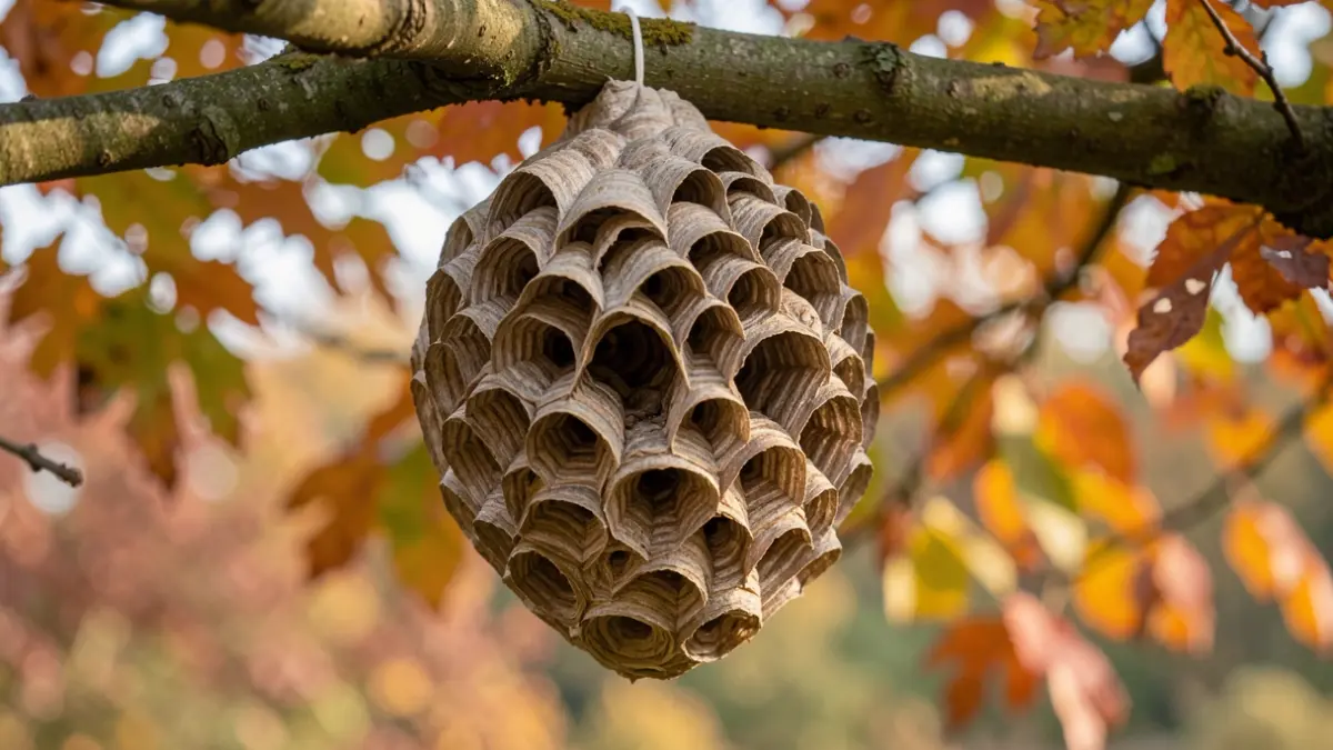 Close-up van een Aziatische hoornaarnest in een boom met herfstbladeren.