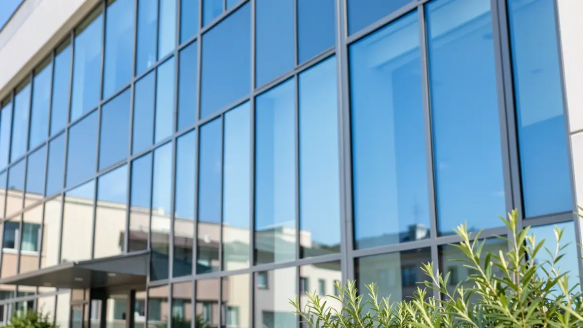 Generic image of a modern office building with large glass windows reflecting the blue sky, with a few green plants in the foreground.