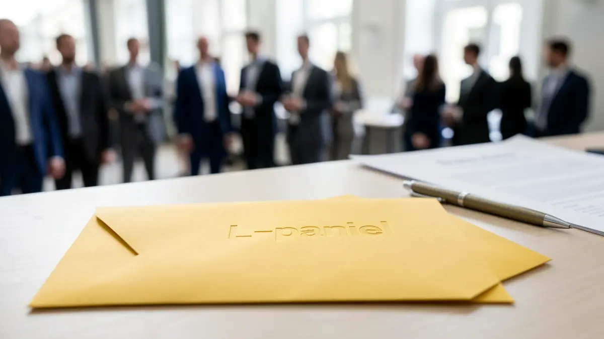 Een gouden envelop met de tekst 'L-panel' op een bureau.