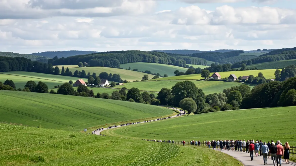 Landscape of the Flemish Ardennes with rolling hills and agricultural fields.