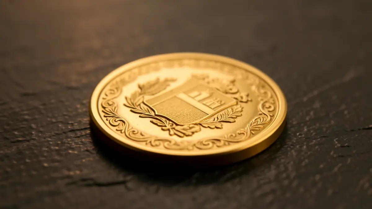 Close-up of a golden medal with detailed engraving, resting on a dark surface with warm lighting.
