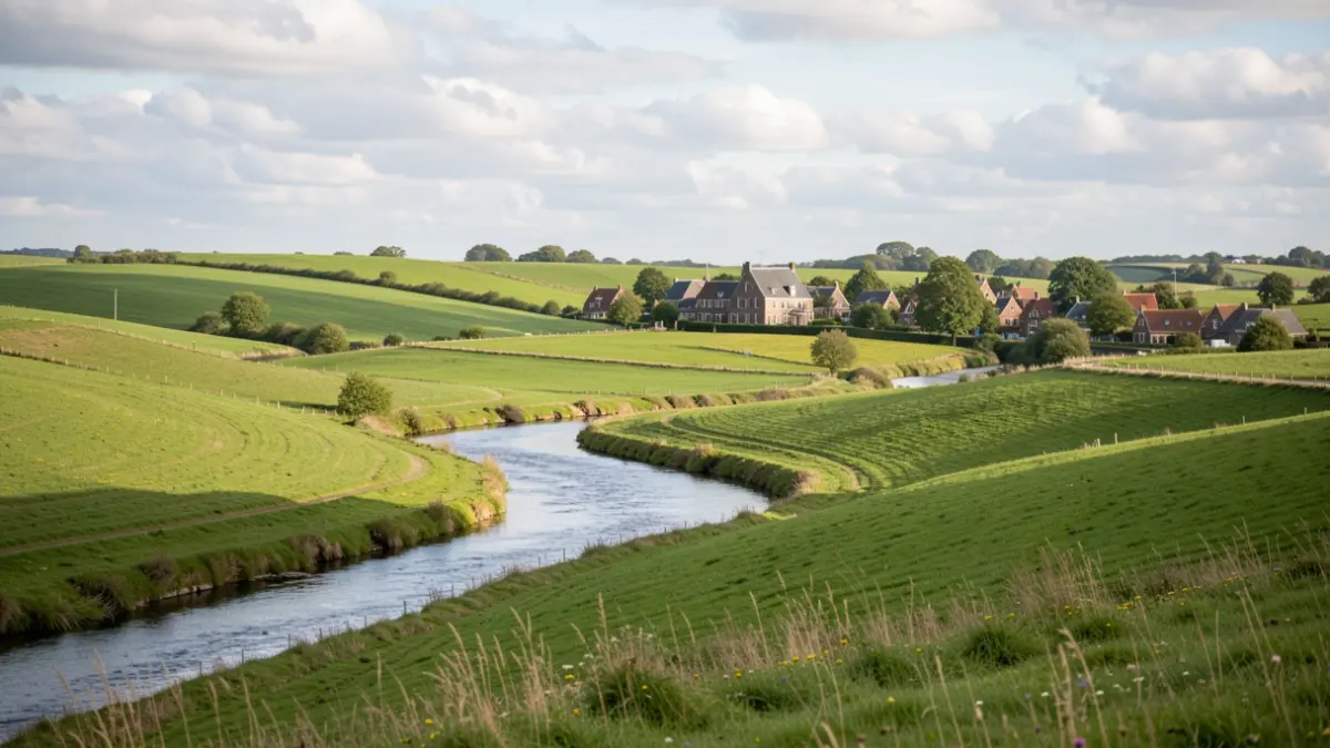 Landschapsfoto van het Pajottenland met glooiende heuvels en een dorp.