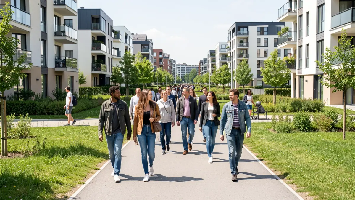 Groep mensen wandelt door moderne woonwijk met groen en hedendaagse gebouwen op een zonnige dag.