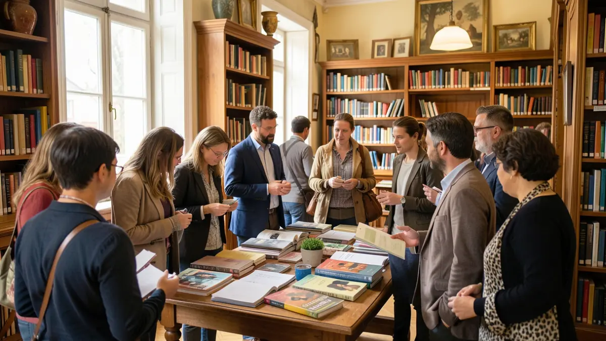 Groep onderwijsprofessionals in een bibliotheek, in gesprek en kijkend naar materialen. Zachte belichting.